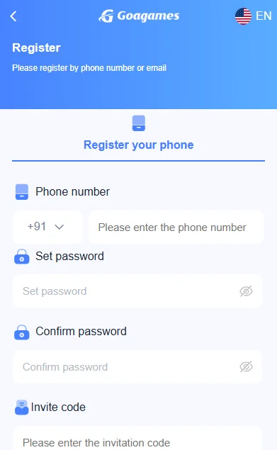 Goa Games New User Account Registration Page